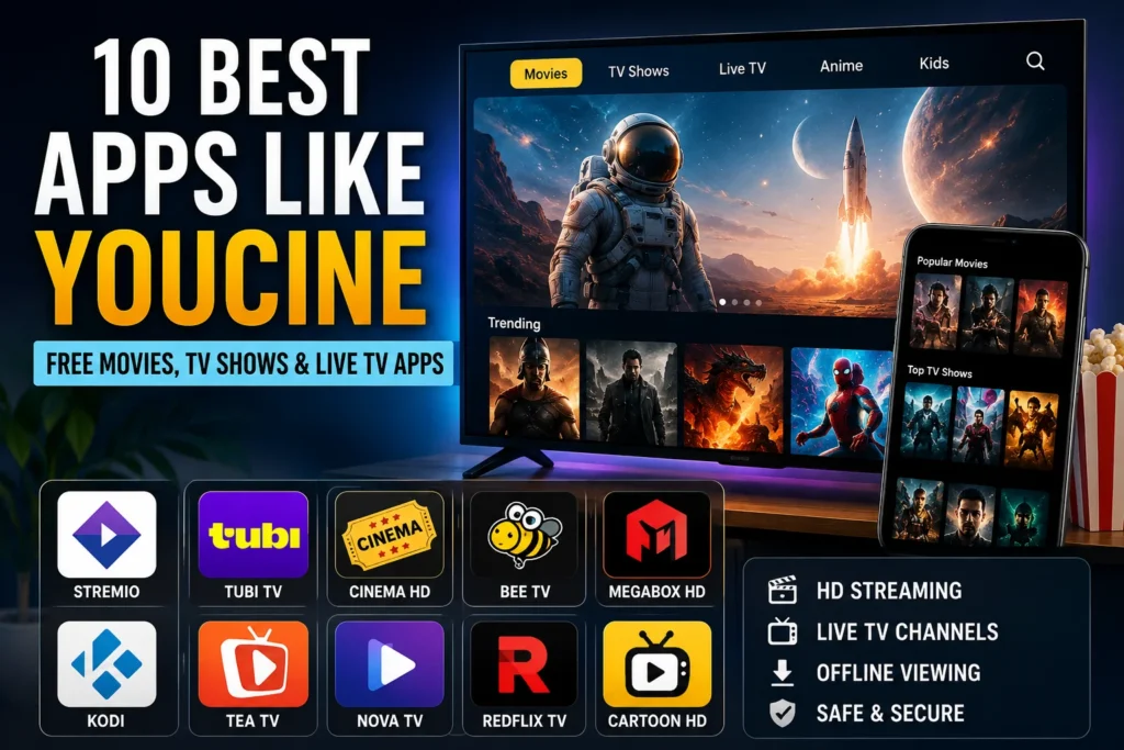 Best apps like Youcine displayed on Smart TV and mobile streaming interface with movie and live TV apps preview