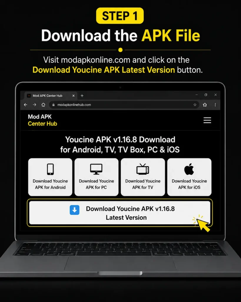 Step 1 tutorial showing how to download the latest Youcine APK file on PC using a Windows laptop browser interface
