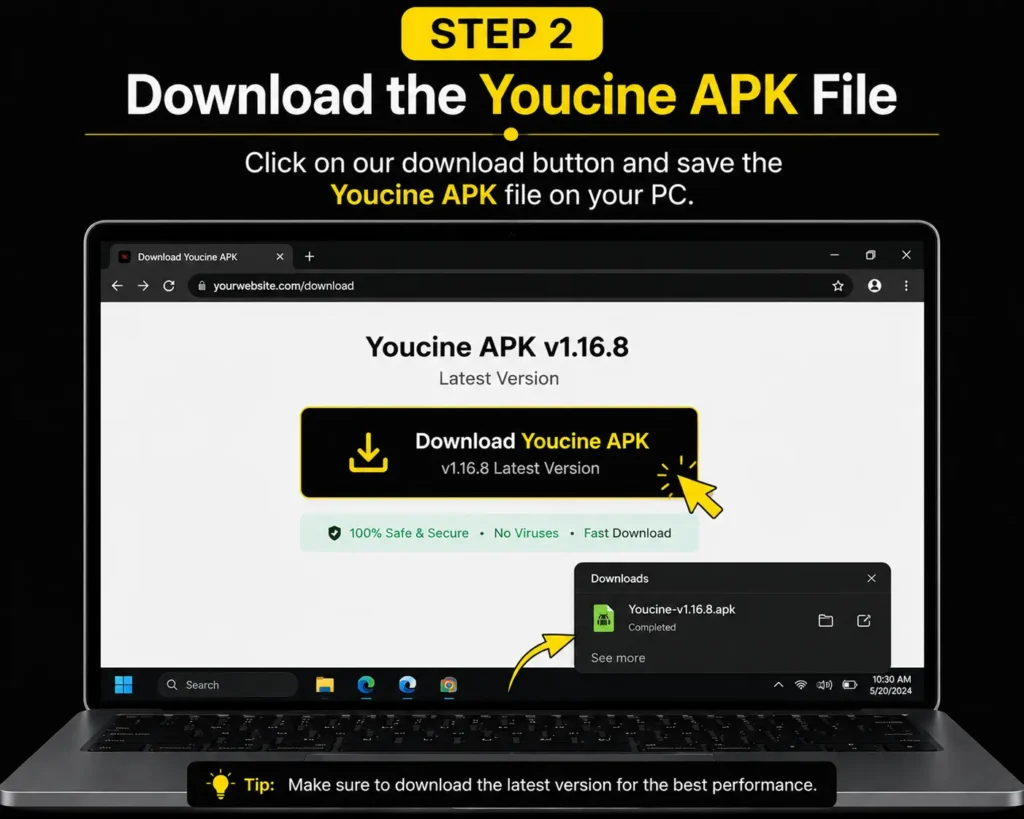 Step 2 tutorial image showing how to download the latest Youcine APK file on a Windows PC using a laptop browser and download button interface