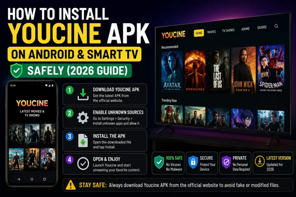 How to install Youcine APK on Android and Smart TV with streaming interface and installation guide preview