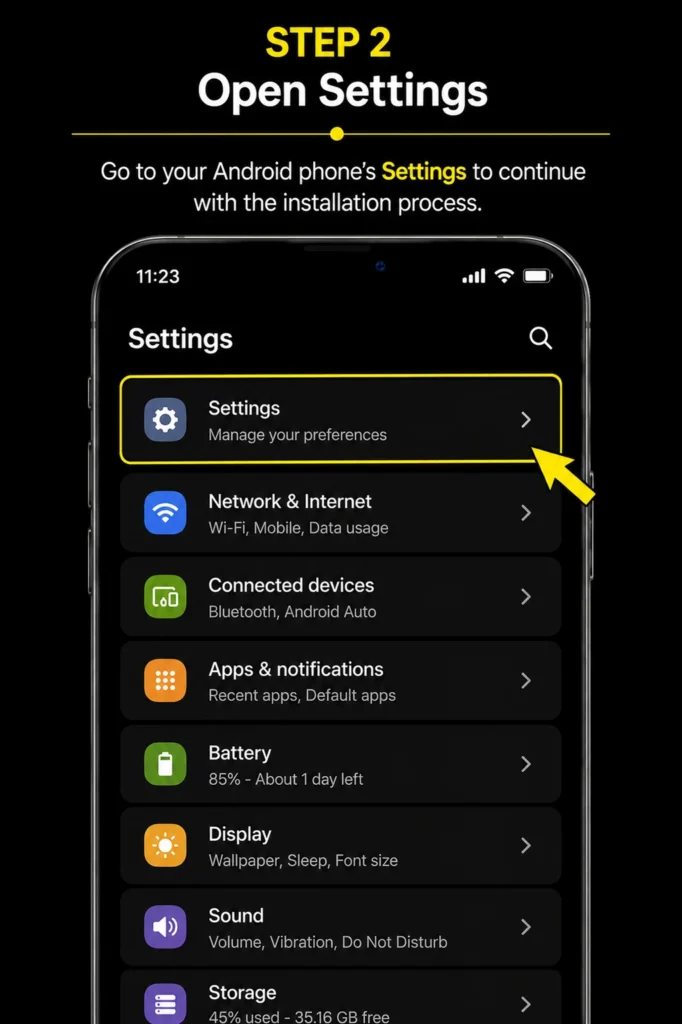 Open Android device settings for Youcine APK installation