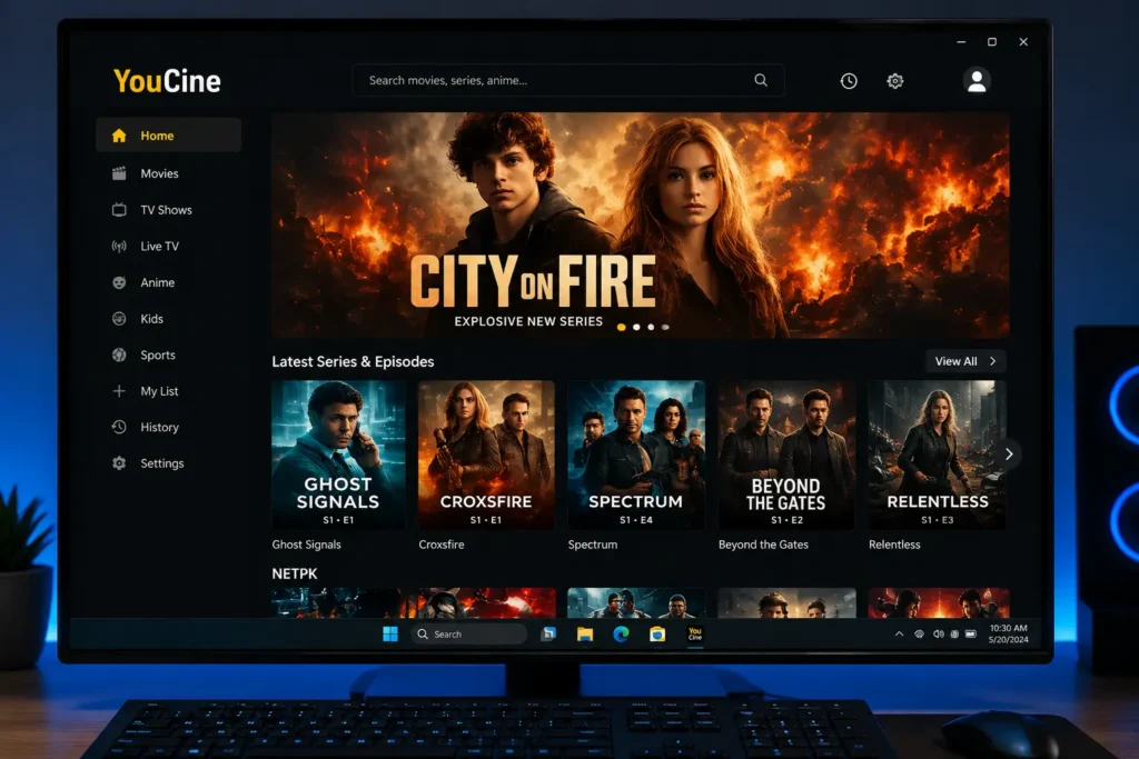 Youcine for PC interface running on Windows desktop with HD streaming layout and Android emulator support