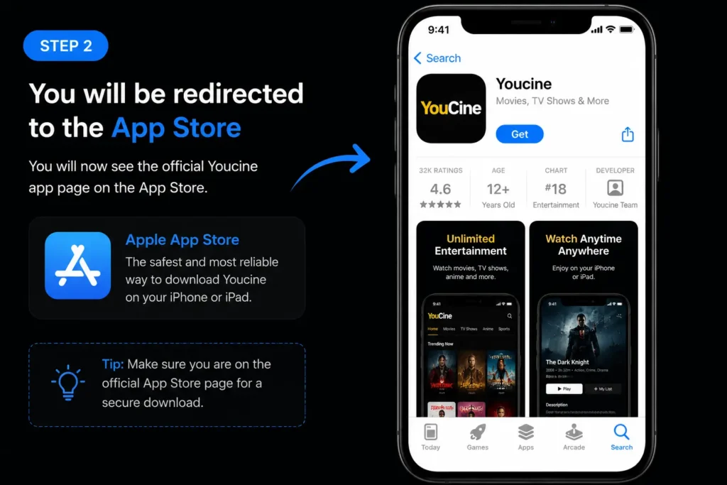 Youcine app page opened on the Apple App Store for iPhone and iPad download installation guide