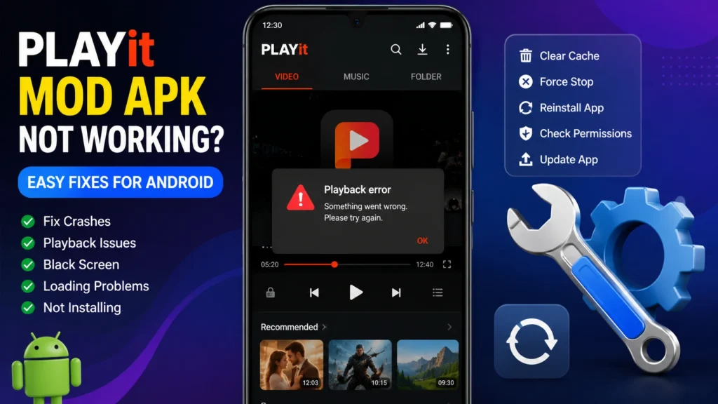 Playit Mod APK not working on Android smartphone with troubleshooting fixes for crashes, playback errors, and app issues