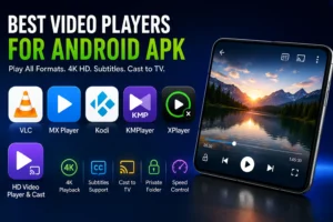 Best Video Players for Android APK 2026 comparison featuring VLC for Android, MX Player, Kodi, KMPlayer, XPlayer, and HD Video Player with 4K playback, subtitle support, Chromecast casting, and all-format video playback features.