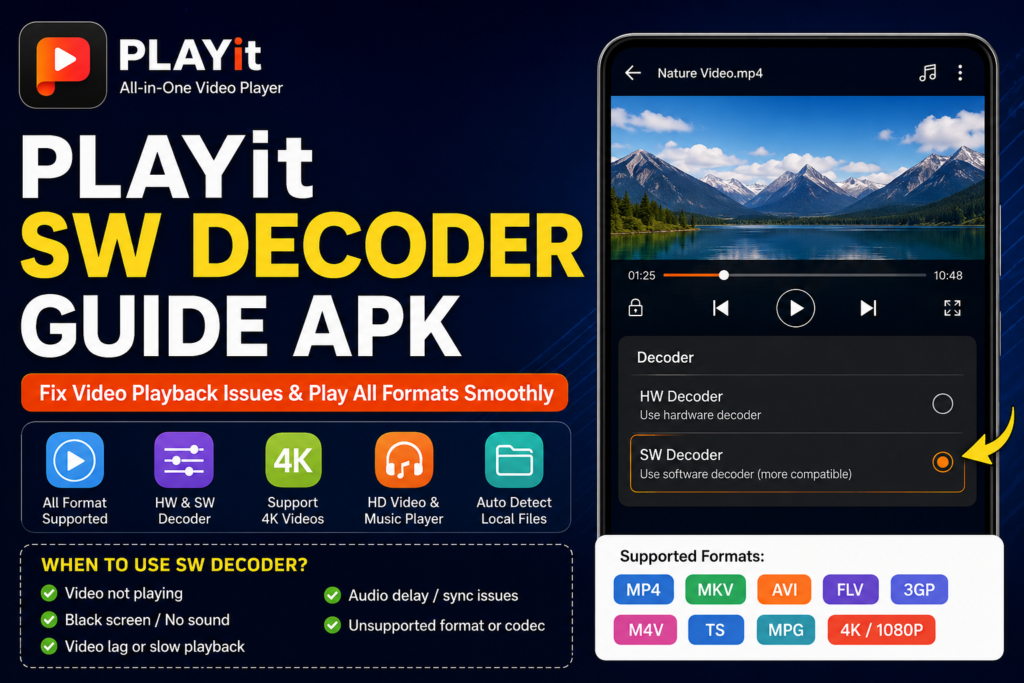 PLAYit SW Decoder settings screen showing software decoder option for fixing video playback issues, unsupported formats, black screen errors, and 4K video lag on Android devices.