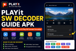 PLAYit SW Decoder settings screen showing software decoder option for fixing video playback issues, unsupported formats, black screen errors, and 4K video lag on Android devices.