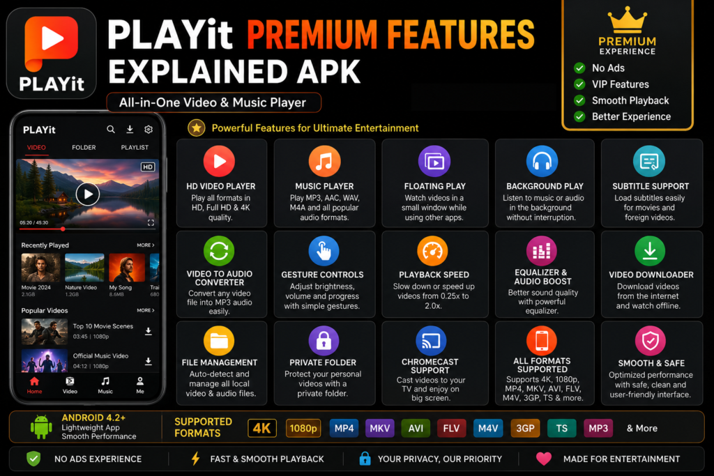 Playit Premium Features Explained APK infographic showing HD video player, music player, floating play, background play, subtitle support, video to audio converter, file management, private folder, Chromecast support, and all supported media formats