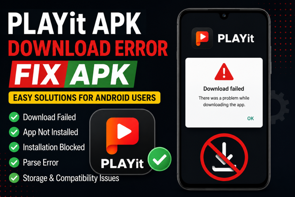 Playit APK download error fix guide showing Android app installation issues, download failed error, and easy solutions.