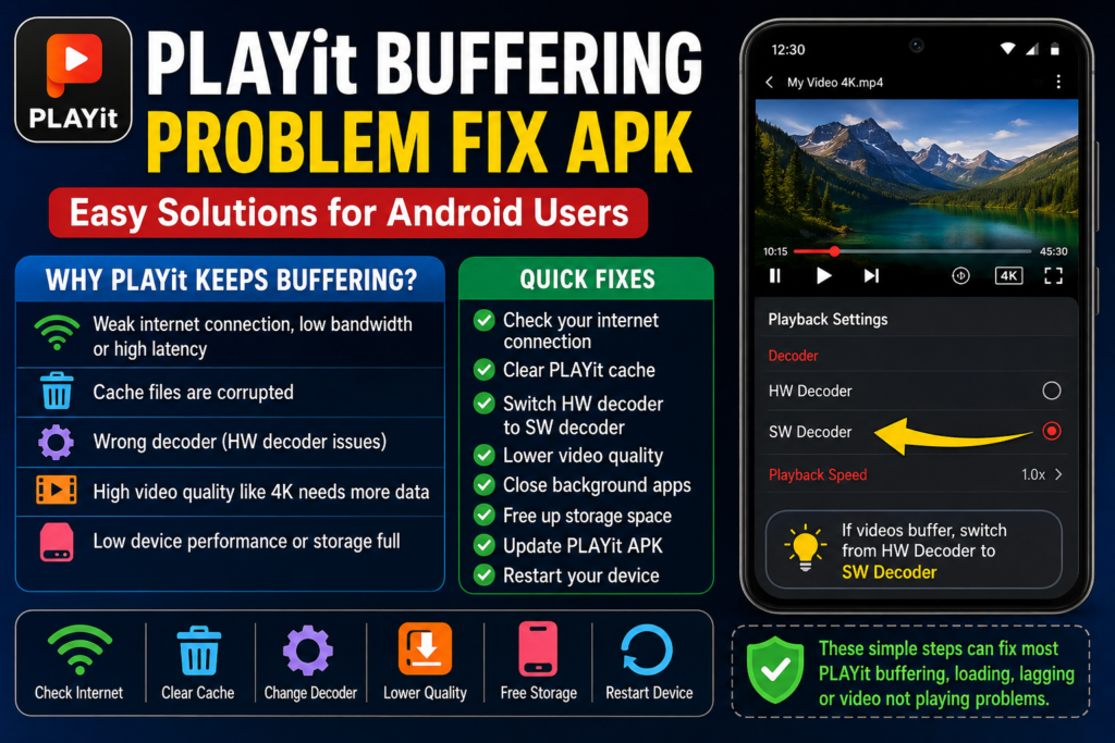 Playit Buffering Problem Fix APK showing easy solutions for Android users including clearing cache, switching to SW decoder, checking internet connection, and fixing video playback issues.