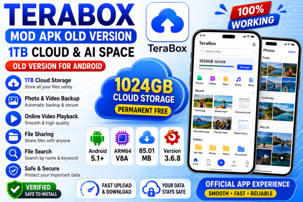 Terabox Mod APK Old Version with 1024GB cloud storage, AI Space, photo backup, video backup, file sharing, and Android 5.1+ support.