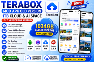 Terabox Mod APK Old Version with 1024GB cloud storage, AI Space, photo backup, video backup, file sharing, and Android 5.1+ support.