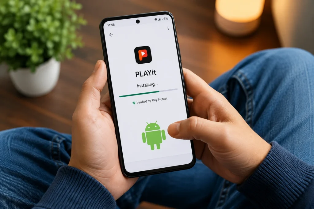 User installing a video player application on an Android smartphone