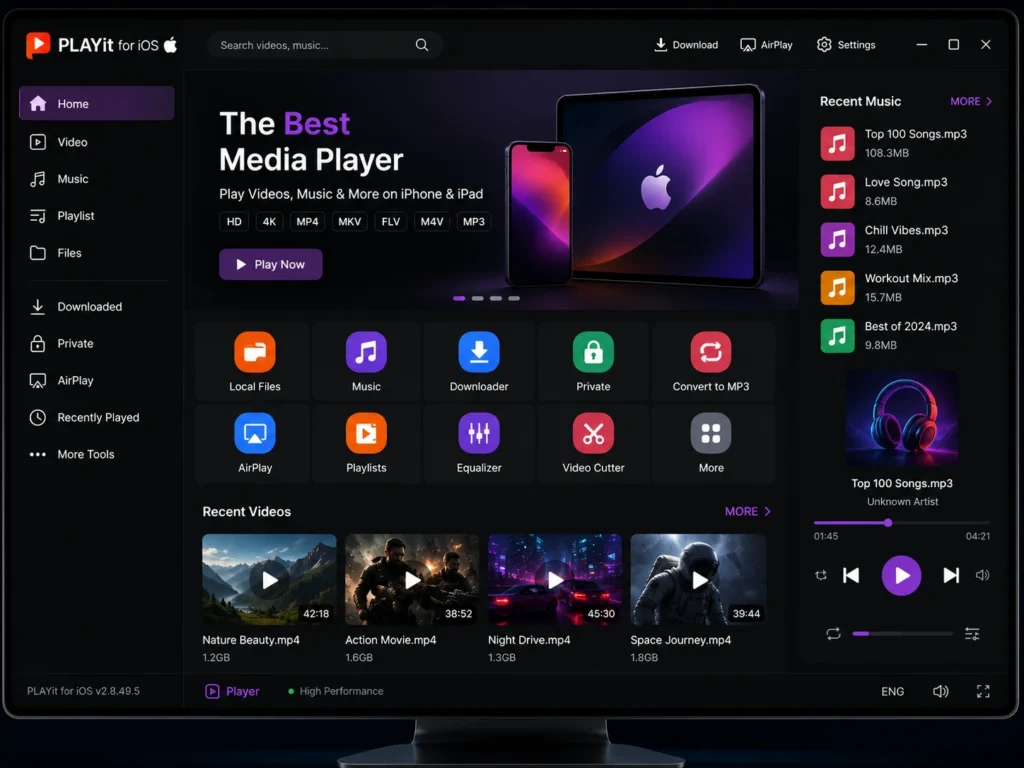 PLAYit for iOS interface showing video player, music player, playlist management, subtitle support, AirPlay, and media playback features on iPhone and iPad.