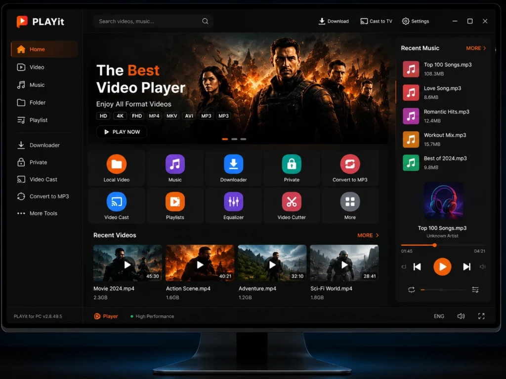 PLAYit for PC interface showing video player, music player, playlist management, MP3 converter, video downloader, and HD video playback on Windows.