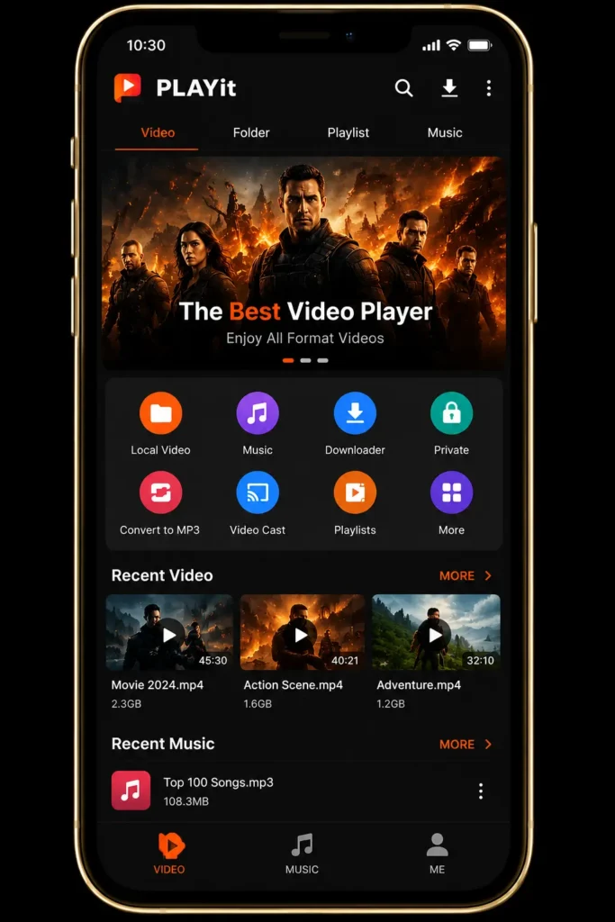 PLAYit Mod APK interface showing video player, music player, downloader and playlist features